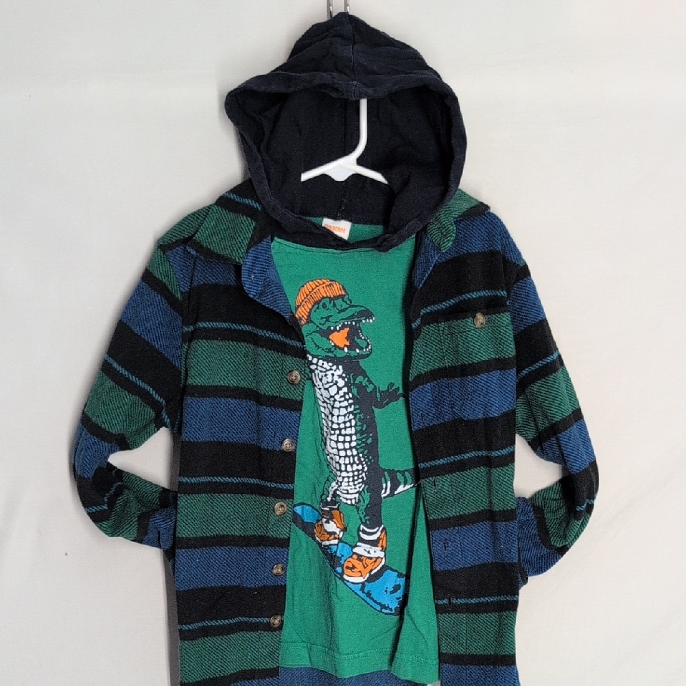 Gymboree 2 Piece Green and Blue Dinosaur Hoodie Under Button Down Fleece Flannel